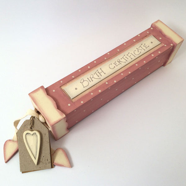 Pretty in pink hand made, wooden birth certificate keepsake box.