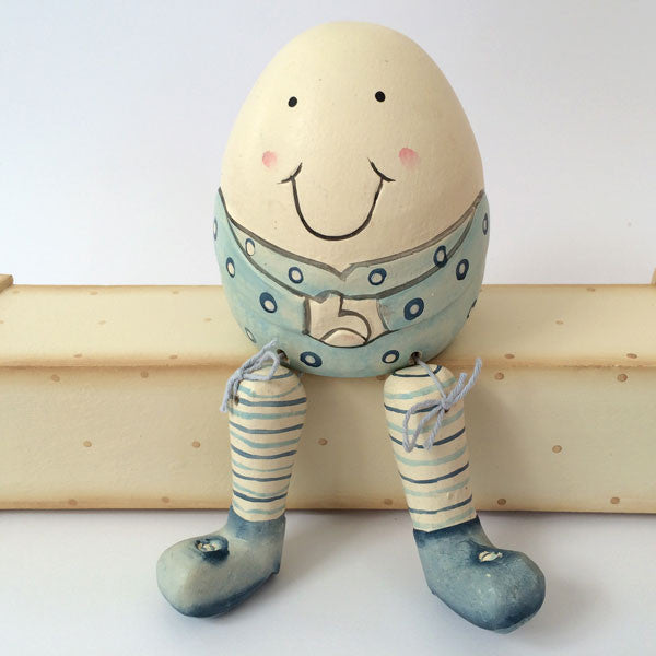 Handmade, wooden Humpty Dumpty in baby blue.