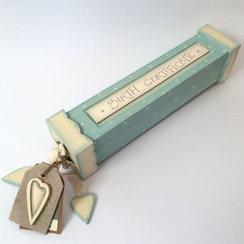 Delightful blue handmade, wooden birth certificate box.