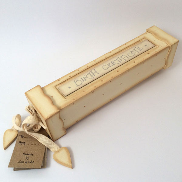 Pretty handmade, wooden birth certificate box in cream.