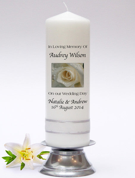Personalised Memorial Candle. Remembering loved no longer with us on Our Wedding Day.