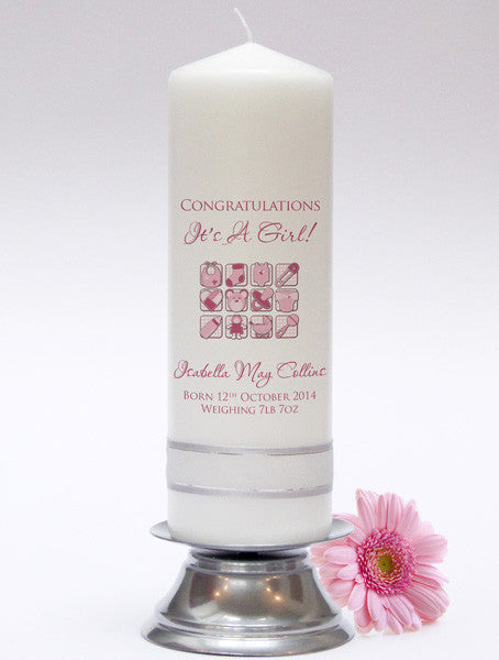Newborn Baby Candle. Celebrate the birth of a child with this adorable personalised candle. Handmade in UK.