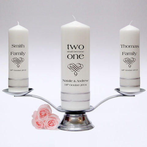 Personalised Inscription Wedding Candle Pillar Set. Customised with a poem or verse of your choice. Handmade in UK.