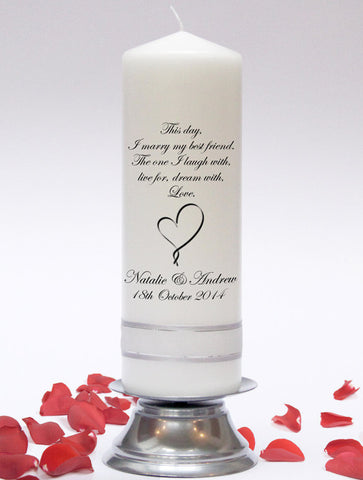 Personalised Inscription Wedding Unity Candle. Customised with a poem or verse of your choice. Handmade in UK.